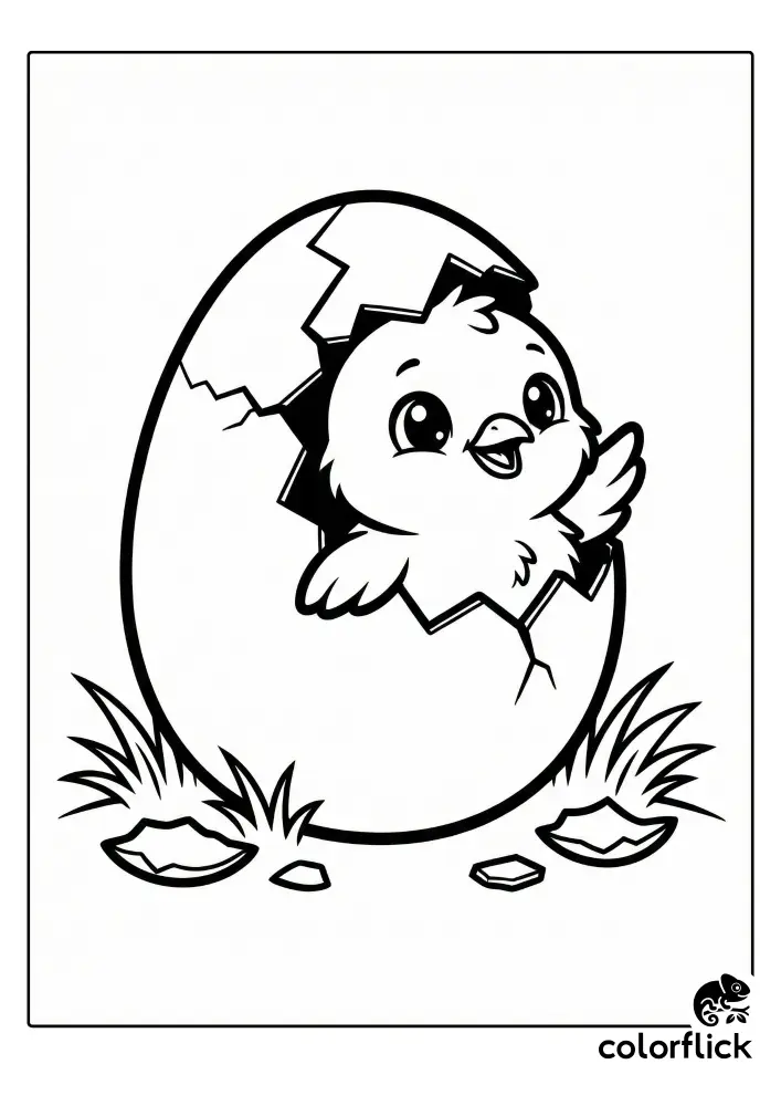 A black and white coloring page illustration showing a cute, fluffy baby chick peeking excitedly out of a large cracked eggshell, surrounded by grass and shell fragments.