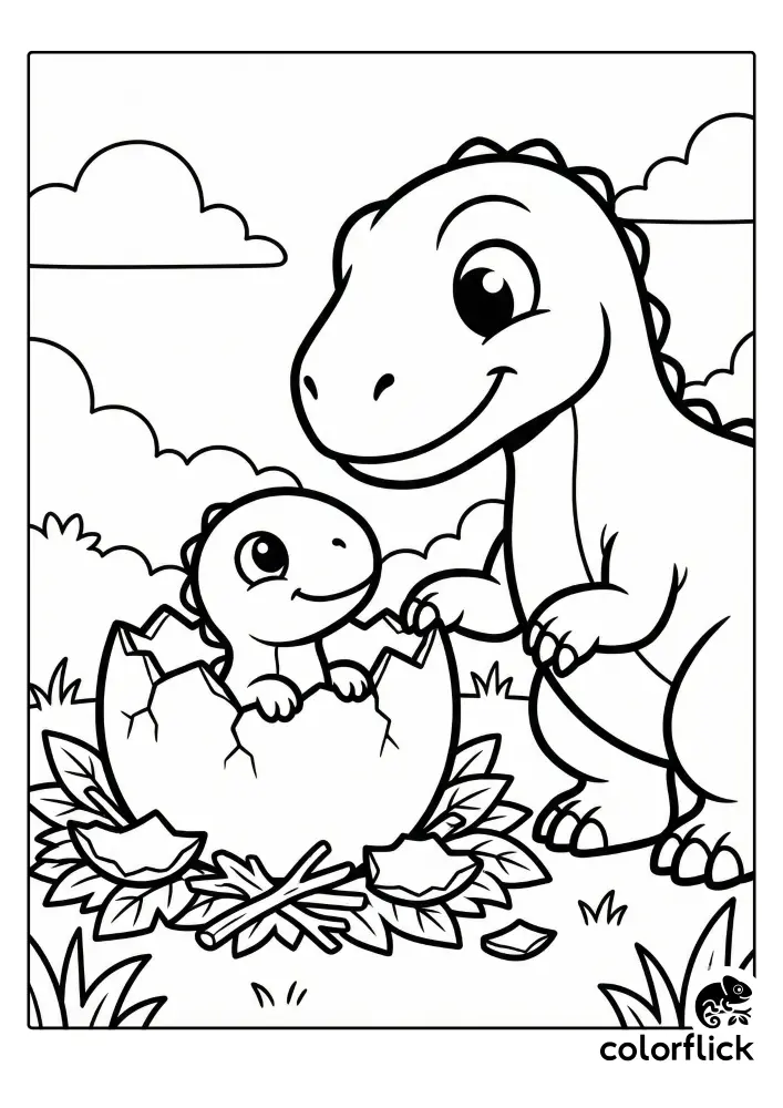A cute coloring page showing a baby dinosaur peeking out of a cracked egg in a nest, with a large parent dinosaur smiling down at it.