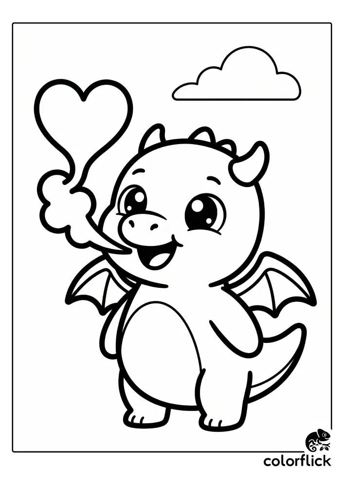 A black and white vector line illustration of a happy, chubby baby dragon standing on its feet. The dragon is blowing smoke that forms a large heart shape, creating a cute coloring page scene with a small cloud in the background.