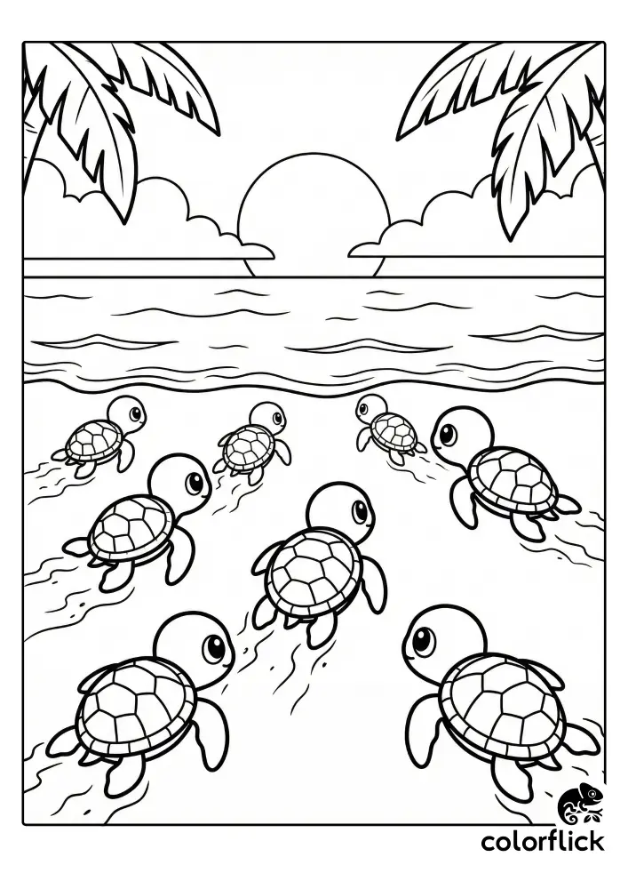 Six cute baby sea turtles are crawling across a sandy beach towards the ocean waves during a sunset with palm trees in this coloring page illustration.