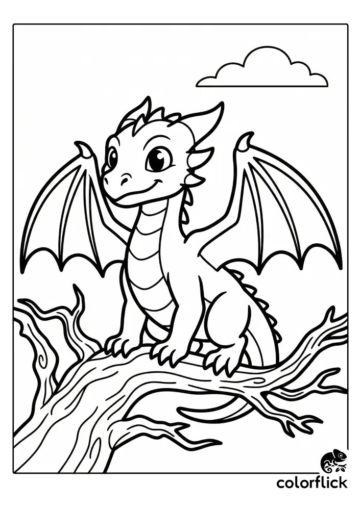 A black and white cartoon drawing of a smiling baby wyvern perched happily on a large, gnarled tree branch.