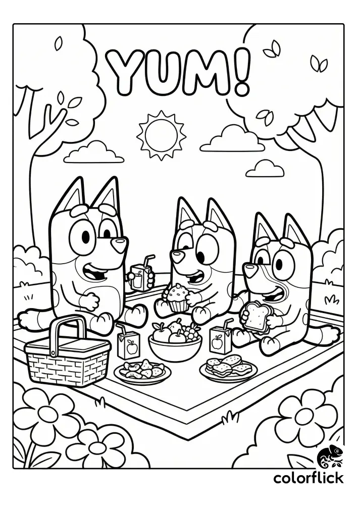 A black and white coloring page illustration of the cartoon characters Bingo, Muffin, and Socks sitting on a picnic blanket with snacks, juice boxes, and a basket under a sunny sky with the word "YUM!".