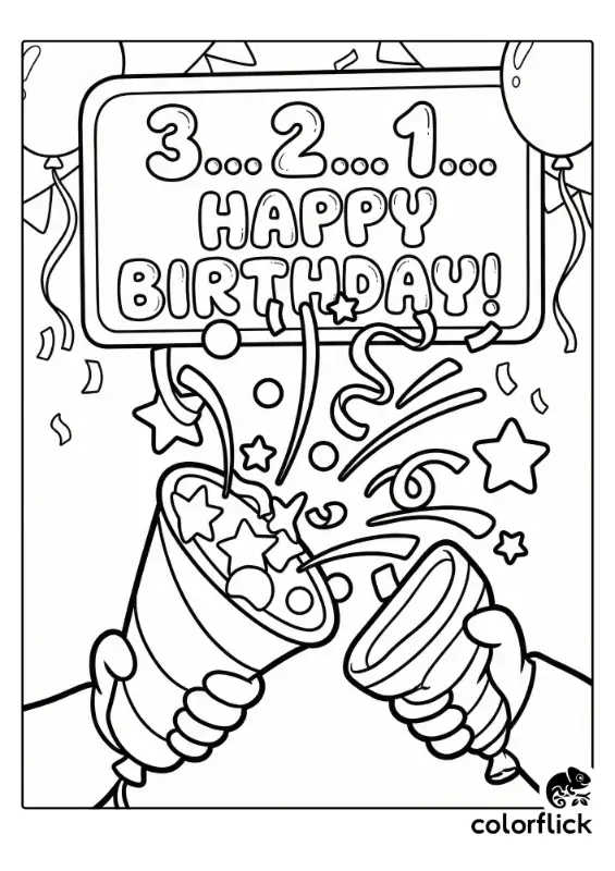 A black and white coloring page illustration of hands holding exploding confetti poppers, with a "3... 2... 1... HAPPY BIRTHDAY!" countdown sign above them.