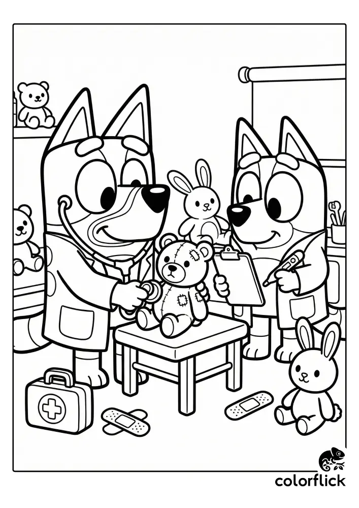 A cute coloring page illustration of Bluey and Bingo dressed up as doctors, giving a check-up to their stuffed teddy bear and bunny patients using toy medical kits.