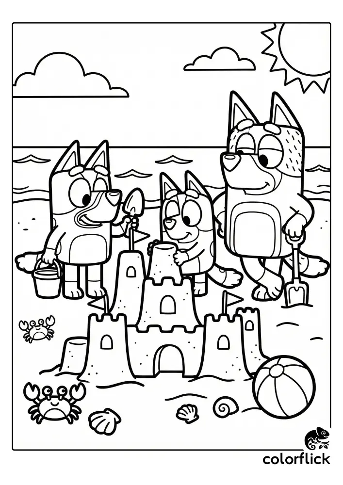 A coloring page showing Bluey and Bingo building a large sandcastle on a beach, while their father, Bandit, watches and holds a shovel.