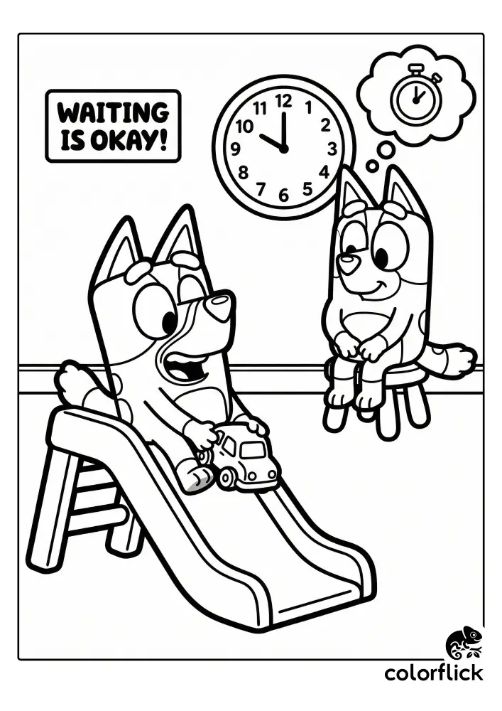 A coloring page illustration showing Bluey happily playing on a slide with a toy car, while Bingo sits patiently on a stool, thinking about a timer and learning that "waiting is okay," as seen on a sign on the wall.