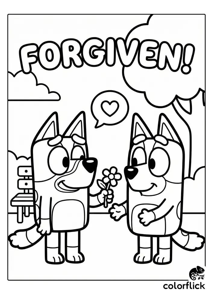 A heartwarming coloring page showing Bluey apologizing to her friend Chloe by giving her a flower. Both characters are smiling at each other in a park setting, with a heart speech bubble between them and the word "FORGIVEN!" in large letters at the top.