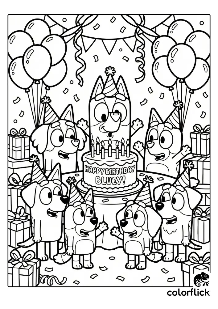 A festive coloring page showing Bluey blowing out candles on a birthday cake that reads "HAPPY BIRTHDAY BLUEY!", surrounded by her cheering friends, balloons, streamers, and piles of gifts.