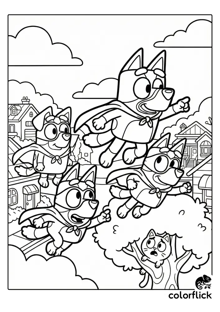 A coloring page showing Bluey, Bingo, and their friends dressed as superheroes with capes and masks, flying over a neighborhood to save a cat stuck in a tree.
