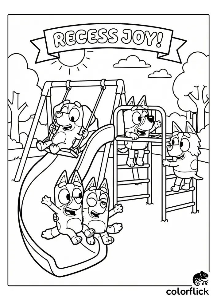 A black and white coloring page showing Bluey and Bingo sliding down a slide, Coco swinging, and Winton climbing a frame at a playground under a banner that reads "RECESS JOY!".