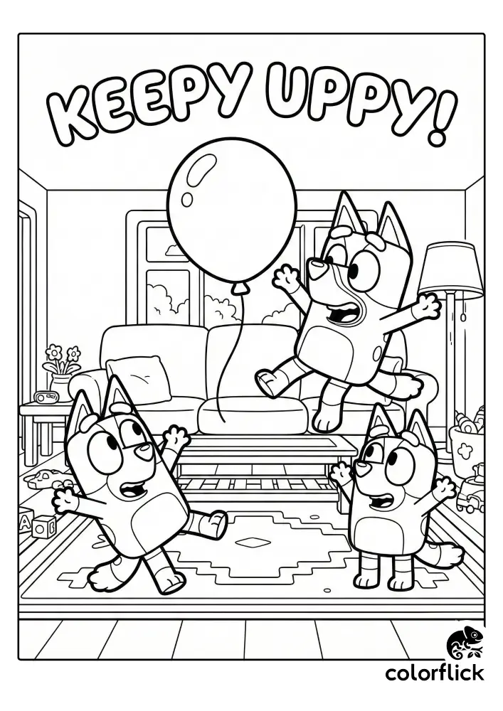 A black and white coloring page illustration showing cartoon characters Bluey, Bingo, and Muffin excitedly jumping in a living room to keep a large balloon from touching the floor, with the text "KEEPY UPPY!" overhead.