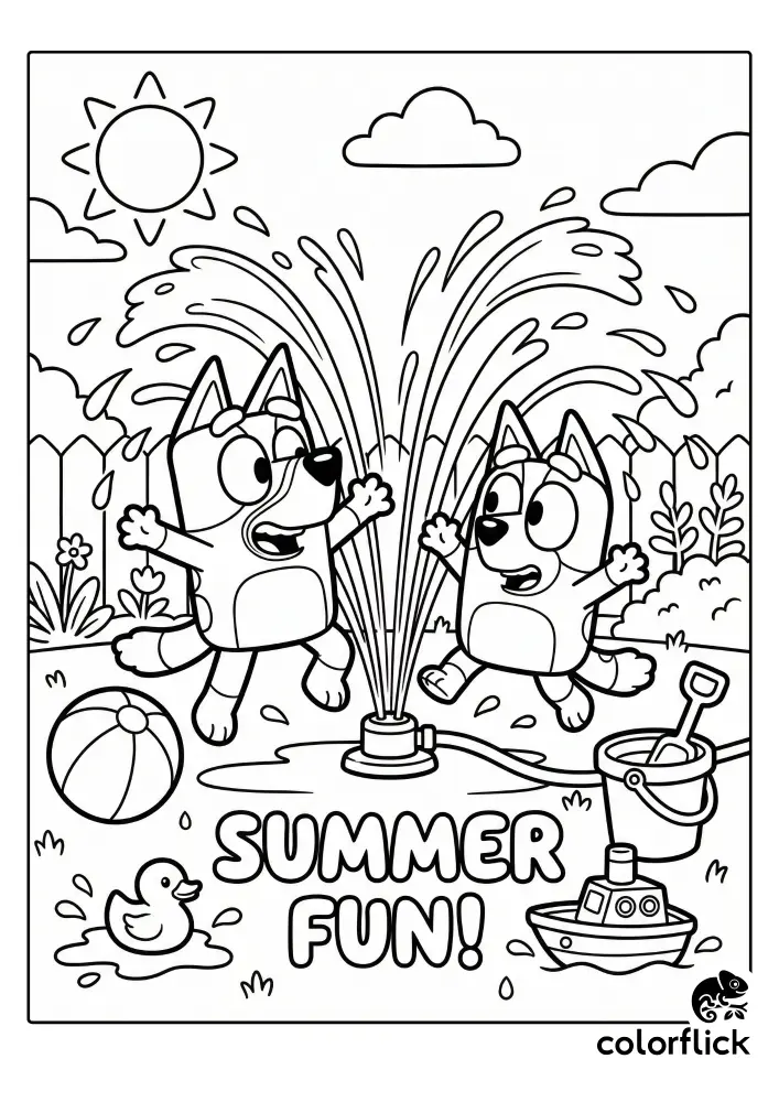 A black and white coloring page showing cartoon characters Bluey and Bingo happily jumping through water spraying from a backyard sprinkler, surrounded by toys like a beach ball and bucket, under a sunny sky with the text "SUMMER FUN!".