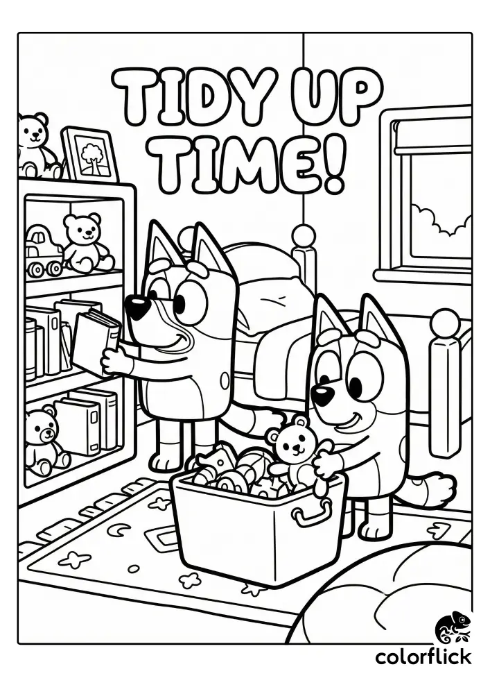 A black and white coloring page illustration of Bluey and Bingo happily cleaning their bedroom. Bluey puts a book on a shelf while Bingo puts toys into a bin under the text "TIDY UP TIME!".