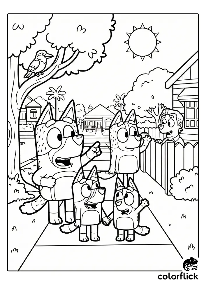 A sunny neighborhood coloring page showing the Heeler family—Bandit, Chilli, Bluey, and Bingo—on a walk. Bandit points to a bird in a tree while Chilli waves to their neighbor, Pat, over a fence.