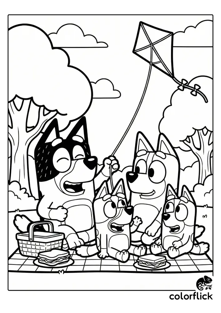 A cheerful coloring page showing the Heeler family—Bandit, Chilli, Bluey, and Bingo—enjoying a picnic on a checkered blanket at the park, while Bandit laughs and flies a kite high in the sky.