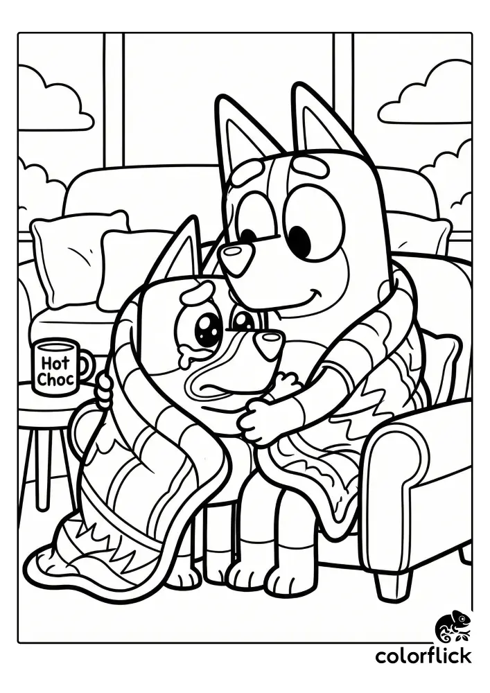 A comforting coloring page illustration showing Mum Chilli giving a sad, tearful Bluey a big, warm hug while wrapped snug in a patterned blanket on the couch.