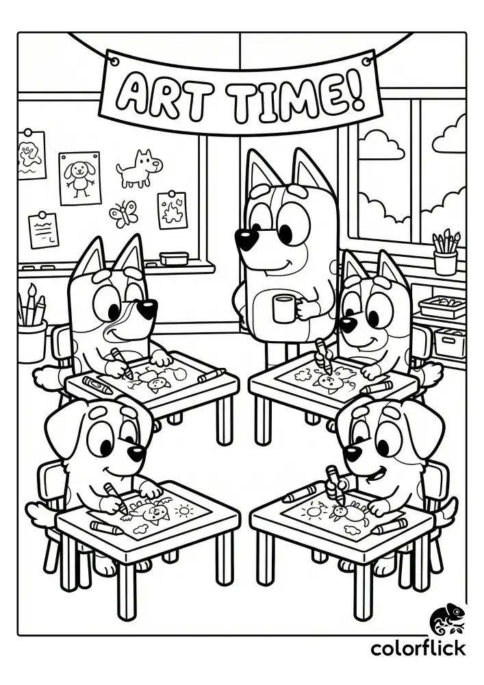 A black and white coloring page showing Bluey, Bingo, Coco, and Snickers sitting at desks drawing, while their teacher Calypso watches, under a banner that reads "ART TIME!".