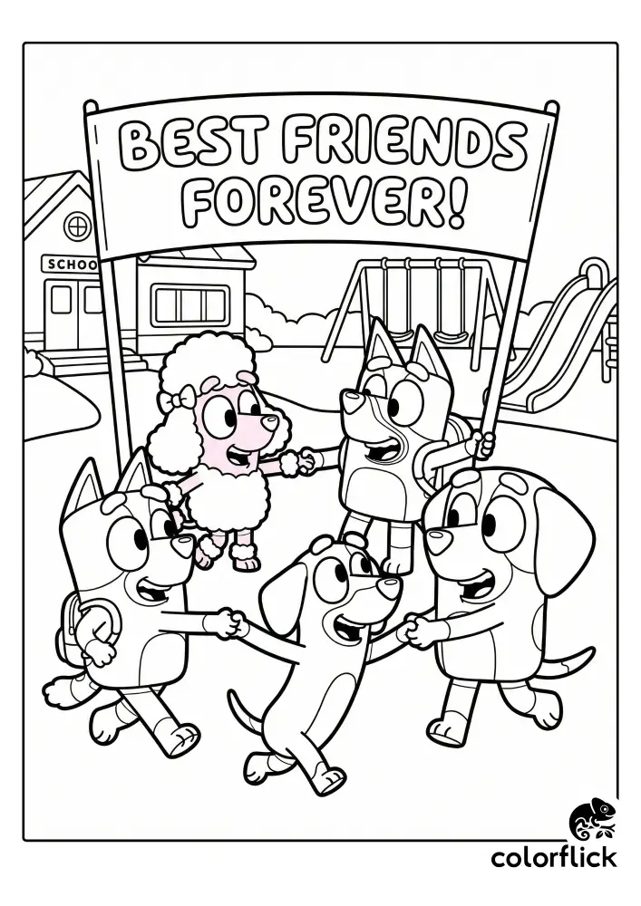 A coloring page showing the cartoon dog characters Bluey, Coco, Snickers, and Honey holding hands in a joyful circle under a banner that reads "BEST FRIENDS FOREVER!" in a schoolyard playground.