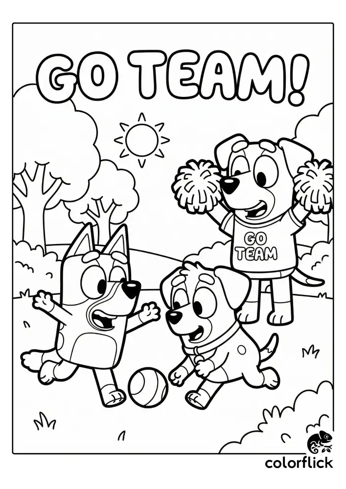 A black and white coloring page showing the cartoon characters Bluey and Lucky playing with a ball in a park, while Lucky's Dad cheers them on with pom-poms and a "GO TEAM" shirt. The text "GO TEAM!" is in large letters at the top.
