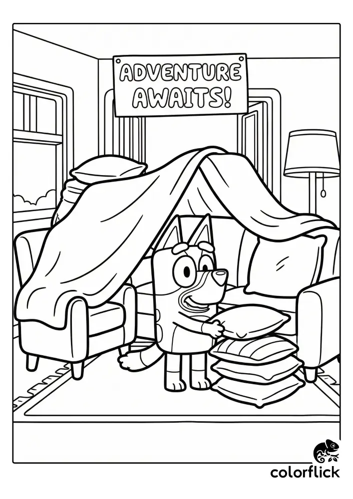 A black and white coloring page showing the character Bluey busily stacking pillows to build a large blanket fort in a living room, with a sign overhead that reads "ADVENTURE AWAITS!".