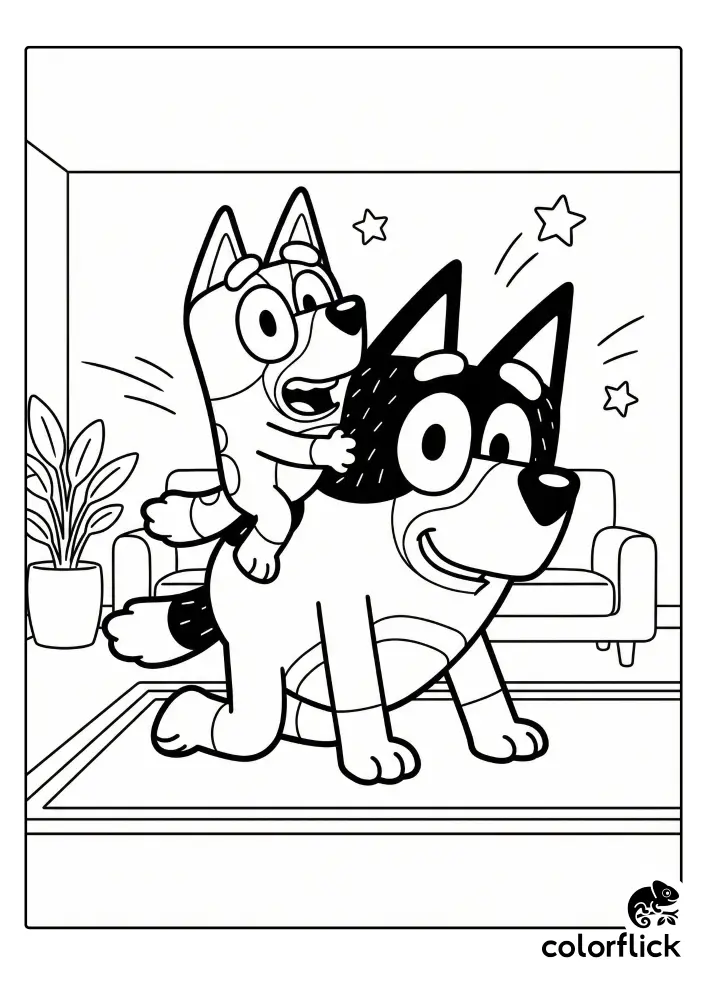 A black and white line art coloring page showing Bandit on all fours giving an excited Bluey a horsey ride in the living room, complete with motion lines and stars.