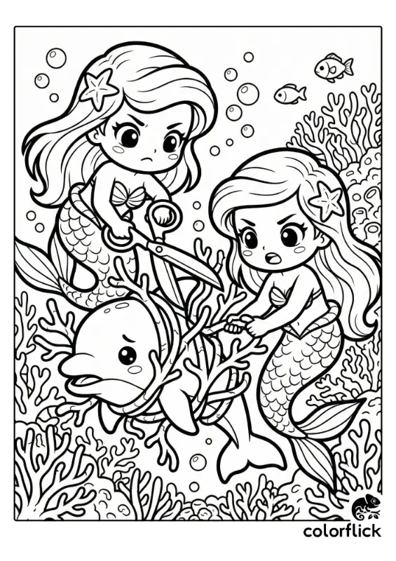 A printable coloring page illustration showing two brave chibi mermaids working together to rescue a distressed dolphin tangled in coral. One mermaid uses scissors while the other pulls the branches free.