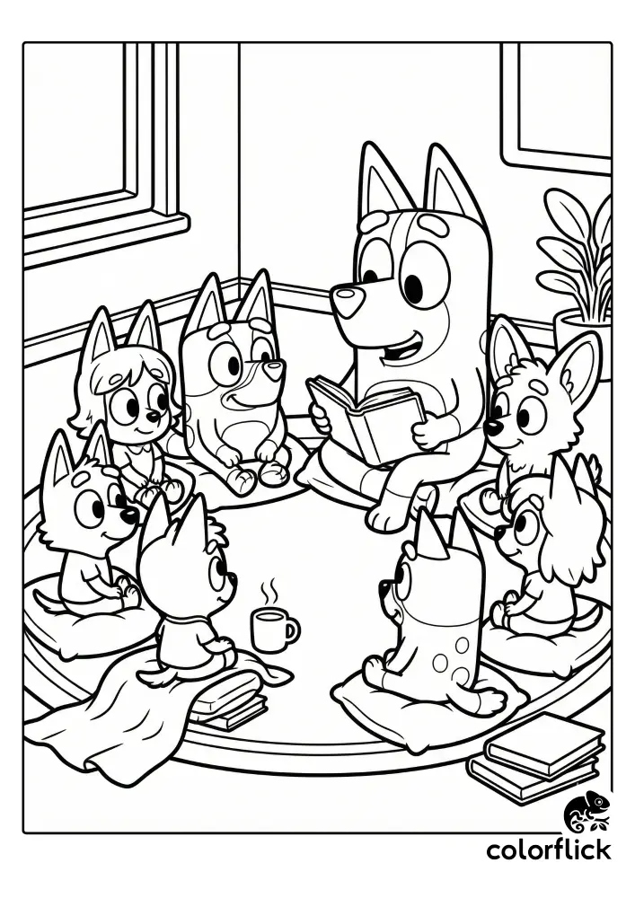 A black and white coloring page illustration showing the teacher Calypso reading a book to Bluey and five other friends seated in a cozy circle on a rug.