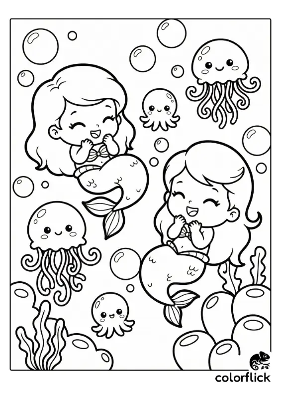 Two adorable chibi baby mermaids giggle while playing with smiling jellyfish and cute tiny octopus friends in this fun printable coloring page illustration.