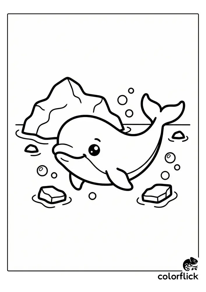 A cute chibi beluga whale with big eyes swims next to a small iceberg and ice chunks in a coloring page illustration.