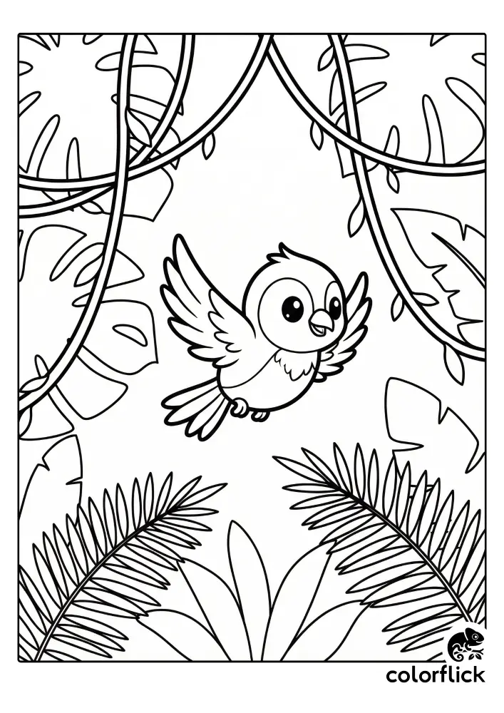 A cute chibi bird with widespread wings is flying through a jungle canopy filled with thick hanging vines and large fern leaves in a black and white coloring page illustration.