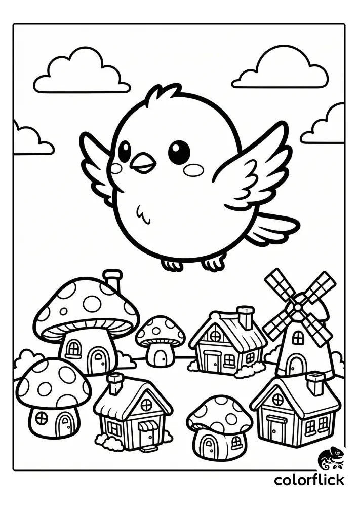 A black and white line art coloring page showing a large, cute chibi bird flying in the sky above a tiny village filled with mushroom houses and a small windmill.