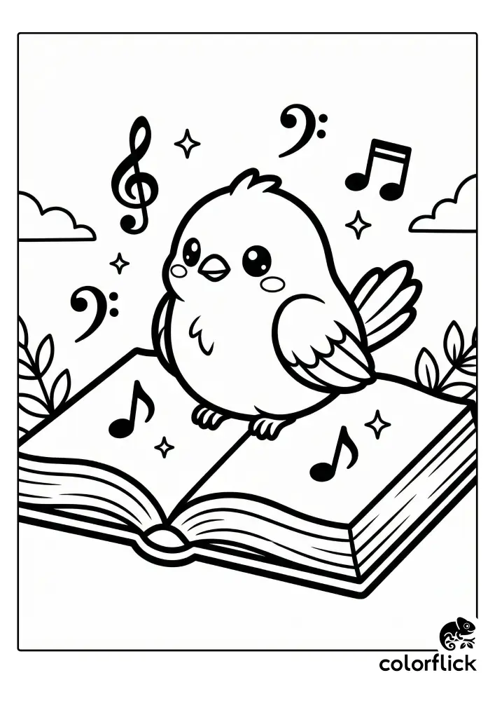 A black and white coloring page illustration of a cute chibi bird sitting on top of an open book, surrounded by floating musical notes, clefs, and stars.