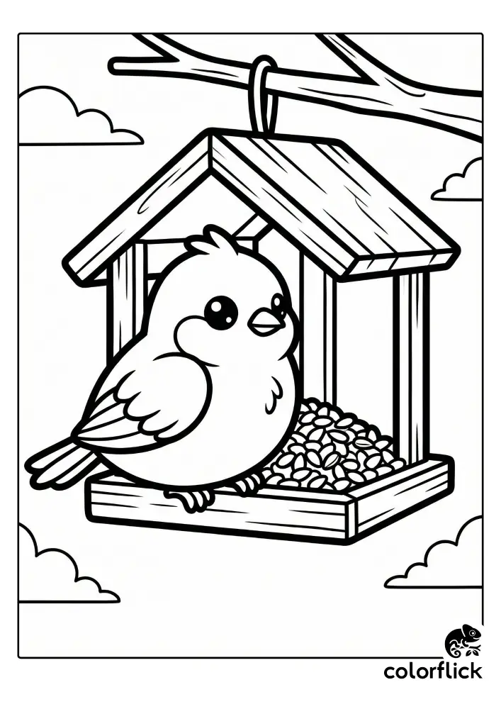 A black and white line art coloring page showing a cute chibi bird perching on a wooden bird feeder overflowing with seeds, hanging from a tree branch.
