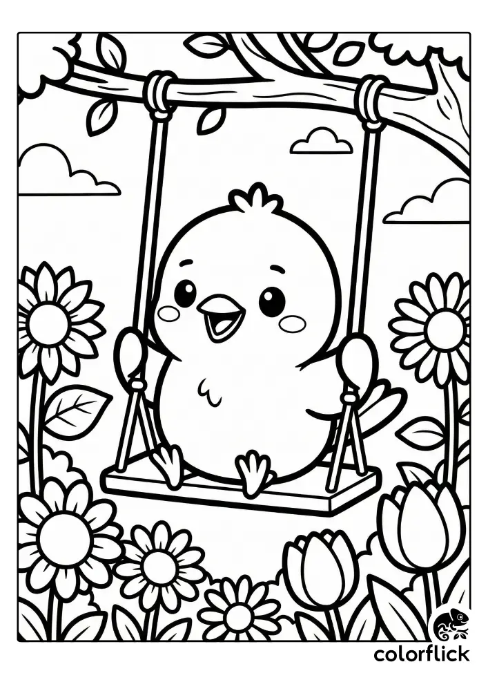A black and white chibi coloring page showing a cheerful little bird with large eyes sitting on a wooden swing, surrounded by a garden of sunflowers and tulips under a tree branch.