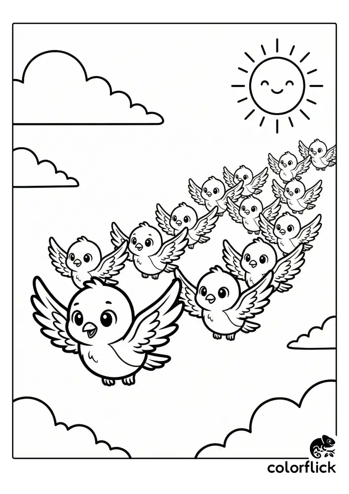 A black and white coloring page illustration showing a large flock of cute cartoon birds flying together in a V-shape formation across a sky filled with puffy clouds and a smiling sun.