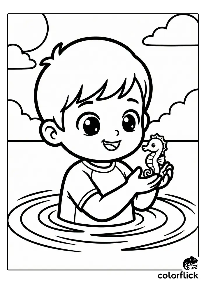 A cute chibi coloring page showing a smiling young boy gently holding a small seahorse while standing in rippling water under a cloudy sky.
