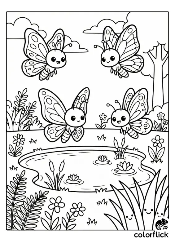 A group of four adorable chibi butterflies flutter happily around a forest pond filled with water lilies, cattails, and smiling plants in this black and white coloring page illustration.
