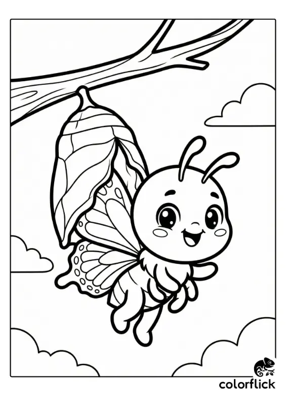 A happy chibi butterfly with fresh wings is emerging from its hanging chrysalis on a tree branch in this black and white coloring page illustration.