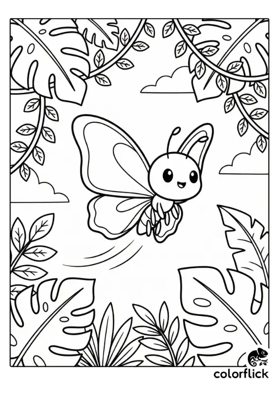 A cute chibi butterfly with large wings is happily flying through a lush rainforest filled with tropical monstera leaves and vines in this black and white coloring page illustration.