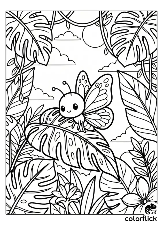 A cute chibi butterfly with a friendly smile rests on a large monstera leaf amidst dense tropical foliage, vines, and flowers in this black and white coloring page illustration.