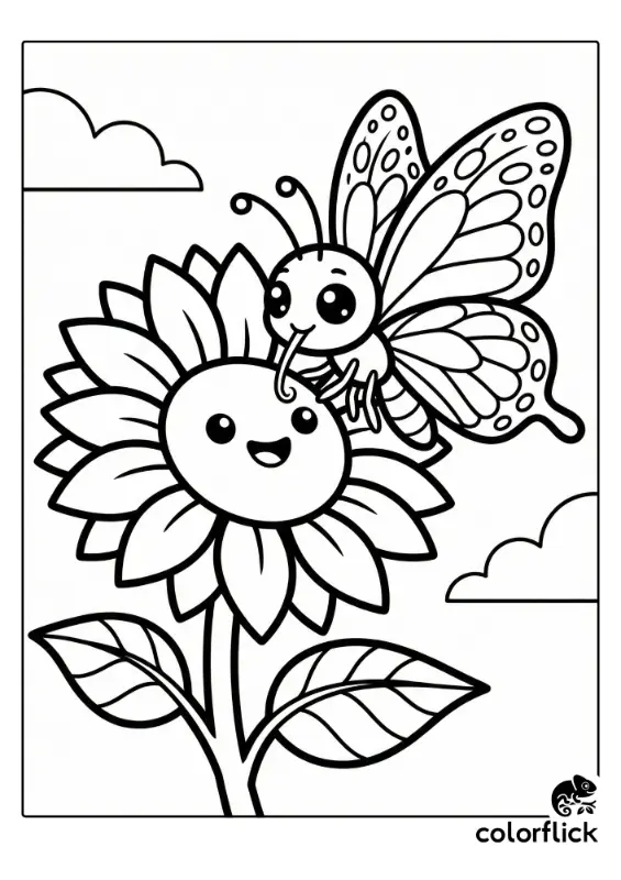 A cute chibi butterfly with large patterned wings is happily sipping nectar from the center of a smiling sunflower in this black and white coloring page illustration.