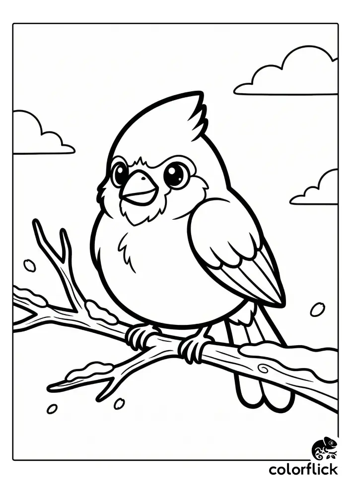 A cute, round cardinal with big eyes is perched on a snow-dusted branch in this black and white children's coloring page.