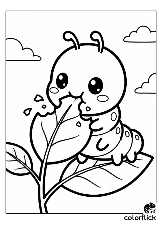 A hungry chibi caterpillar with big, cute eyes is happily munching on a large leaf in this black and white coloring page illustration.