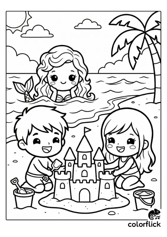 Two cute chibi children build a large sandcastle on the beach while a smiling mermaid peeks from the ocean waves in this printable coloring page illustration.