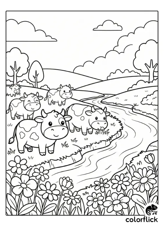 A coloring page illustration showing a herd of smiling chibi cows grazing along a winding riverbank filled with large wildflowers under cloudy hills.