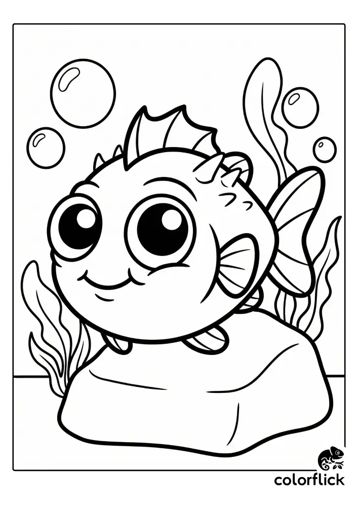 A cute chibi-style coloring page of a round deep-sea fish with large eyes smiling next to a rock and seaweed.
