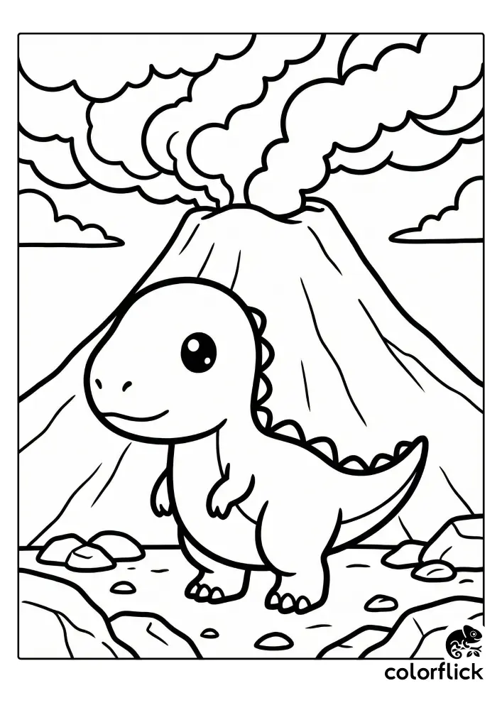 A cute chibi dinosaur character with big eyes standing on rocky ground in front of a smoking volcano with large clouds in this coloring page illustration.