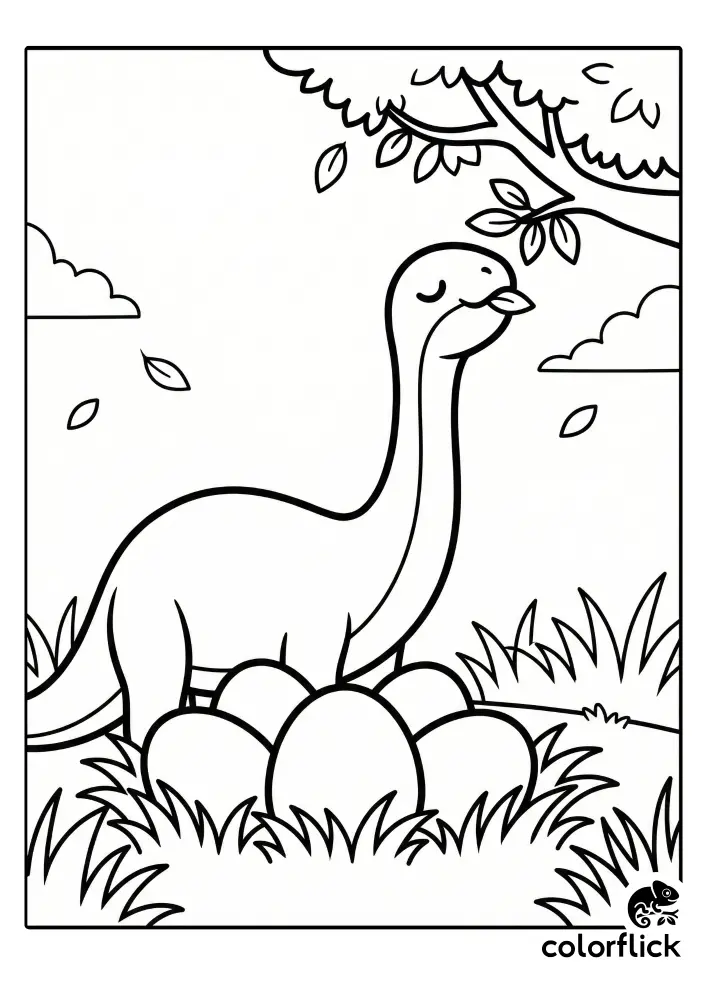 A peaceful coloring page showing a cute chibi long-necked dinosaur reaching up to eat leaves from a tree branch, with a cluster of eggs nestled safely in the grass below.