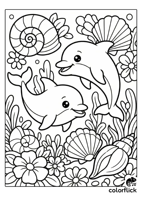 Two cute chibi dolphins swimming happily through an underwater garden filled with various giant seashells and sea flowers in a printable coloring page illustration.