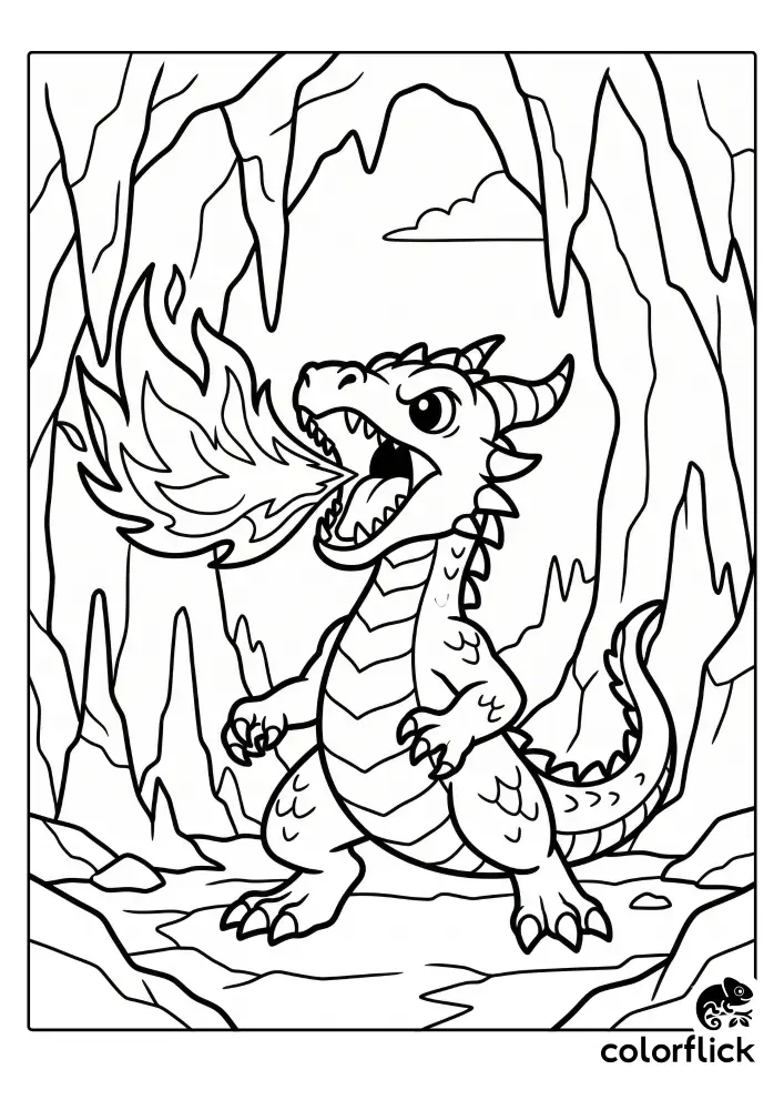 A black and white Chibi-style dragon breathes a large, unshaded flame inside a jagged, rocky cave, with simplified stalactites and a distant cloud outline. The entire image is designed for coloring.